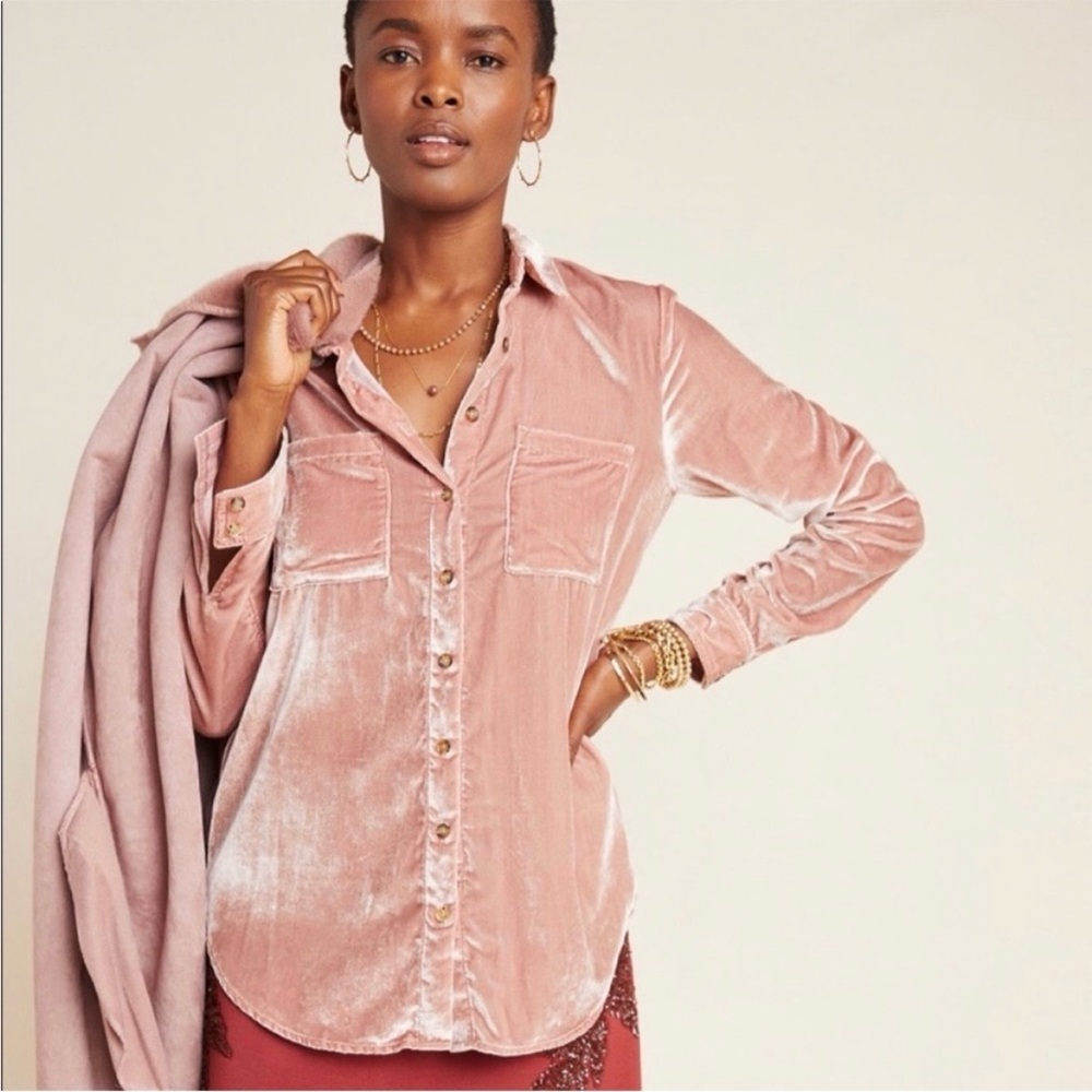 Anthropologie Maeve Velvet Button Down Shirt US 8 Mauve Dusk Pink